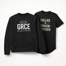 Black sweatshirt and t-shirt with text on a white background