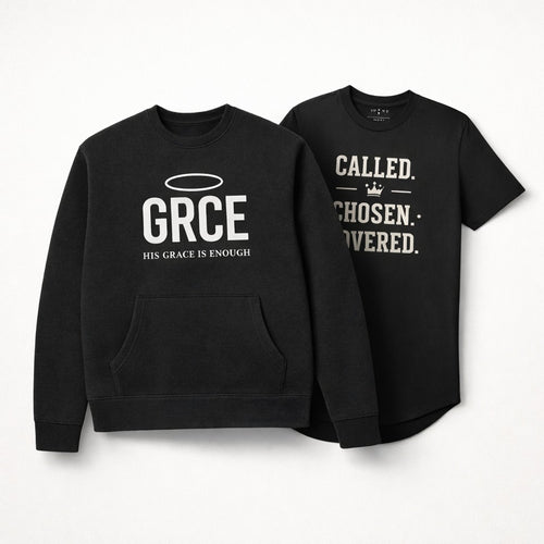 Black sweatshirt and t-shirt with text on a white background