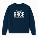 Navy blue sweatshirt with 'GRCE' and 'His Grace is Enough' text on a white background