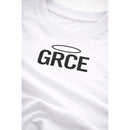 White t-shirt with 'GRCE' printed on it, featuring a black halo symbol above the text.