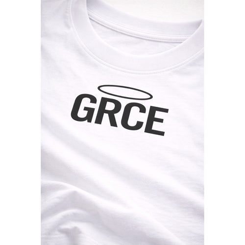 White t-shirt with 'GRCE' printed on it, featuring a black halo symbol above the text.