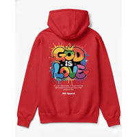 Red "GOD IS LOVE" hoodie, featuring an inspiring faith-based design and cozy fit, perfect for everyday wear and spiritual expression.