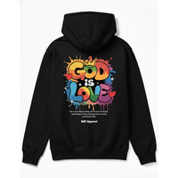 Black hoodie with colorful 'God is Love' graphic on the back against a white background