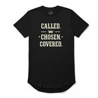 Black t-shirt with white text 'Called, Chosen, Covered' on a white background