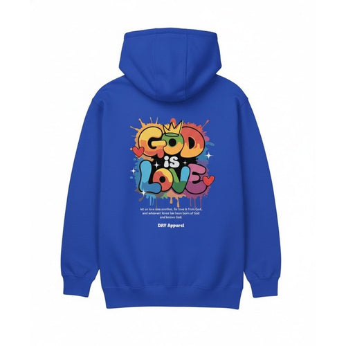 Blue hoodie with 'God is Love' graphic on the back against a white background
