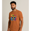 Man wearing a burnt orange t-shirt with 'God is Love' colorful design on a plain background.