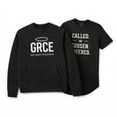 Black sweatshirt and t-shirt with text on a white background