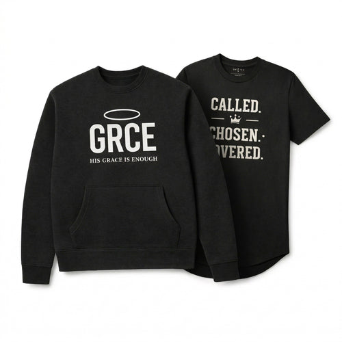 Black sweatshirt and t-shirt with text on a white background