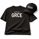 Black t-shirt with 'GRCE' and a black cap with 'FOUND' on a white background