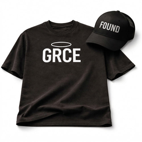 Black t-shirt with 'GRCE' and a black cap with 'FOUND' on a white background