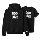 Black hoodie and t-shirt set with 'GOD IS LOVE' text on a white background