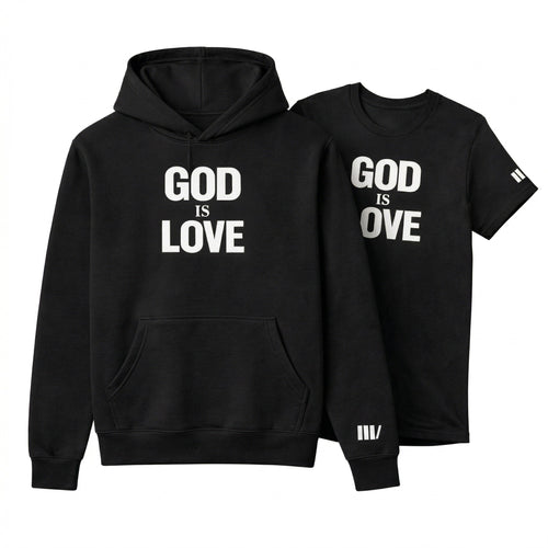 Black hoodie and t-shirt set with 'GOD IS LOVE' text on a white background