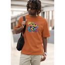 Person wearing an orange t-shirt with 'God is Love' graphic, holding a black bag.