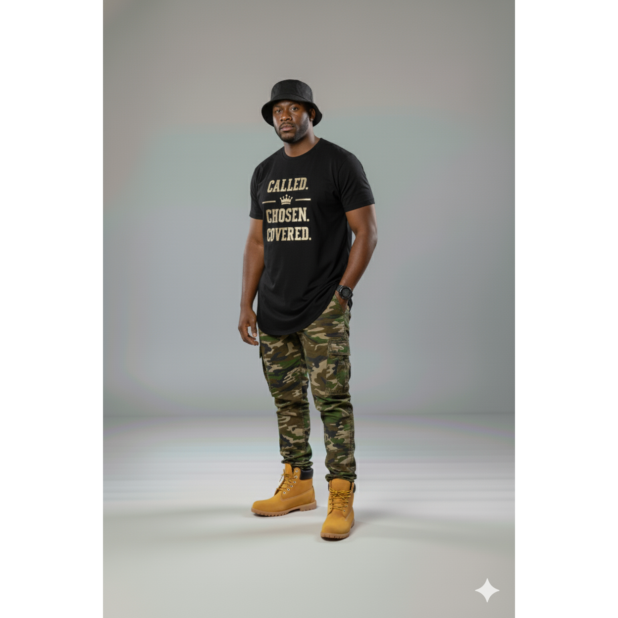 Man wearing a black t-shirt with 'Called. Chosen. Covered.'