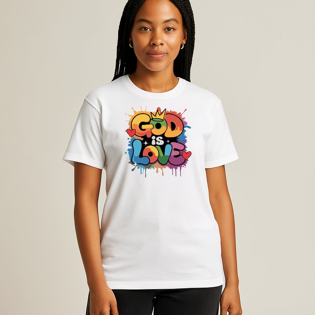 Person wearing a white t-shirt with 'God is Love' graphic design on a plain background
