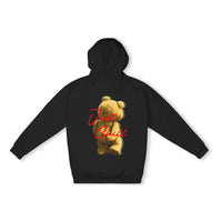Flat lay of Just Chill Black Hoodie - Streetwear Fleece Pullover with Minimalist Red Design