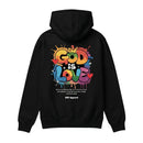 Black hoodie with colorful 'God is Love' graphic on the back