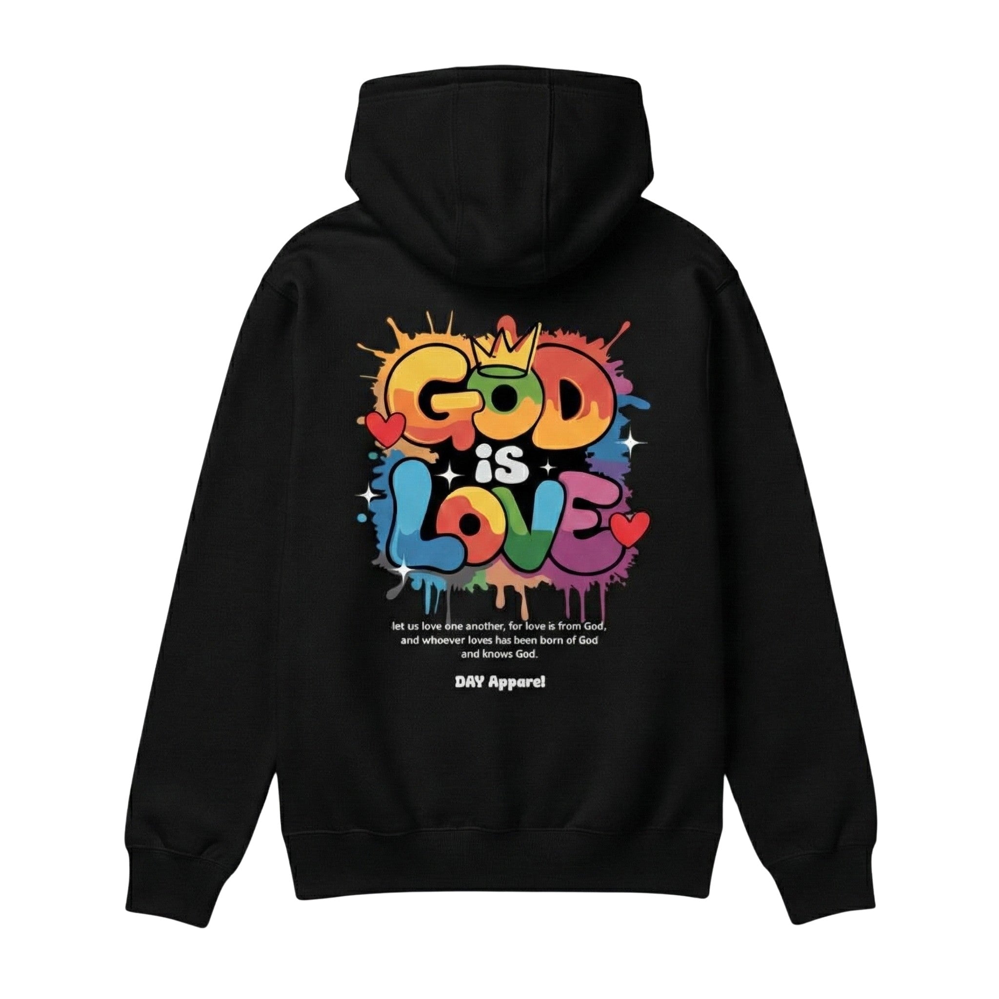 Black hoodie with colorful 'God is Love' graphic on the back