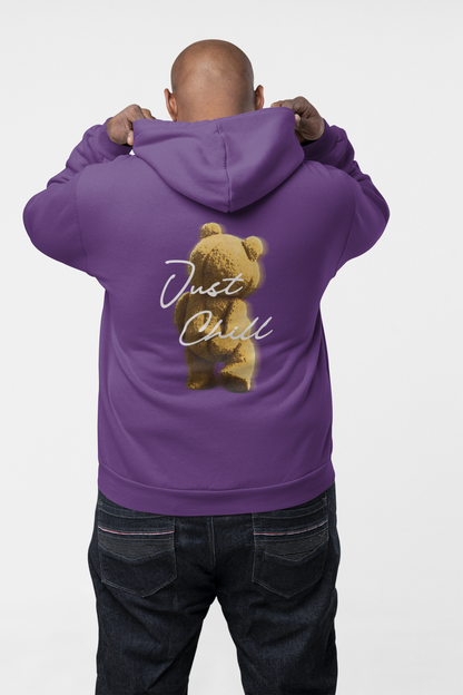 Back view - Graphic purple cotton hoodie, versatile wardrobe essential for streetwear or layering. Classic fleece hoodie in purple, ideal for everyday comfort and style. Unique pullover with white letters.