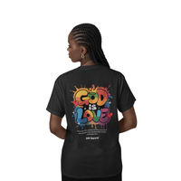 Person wearing a black t-shirt with 'God is Love' design on the back