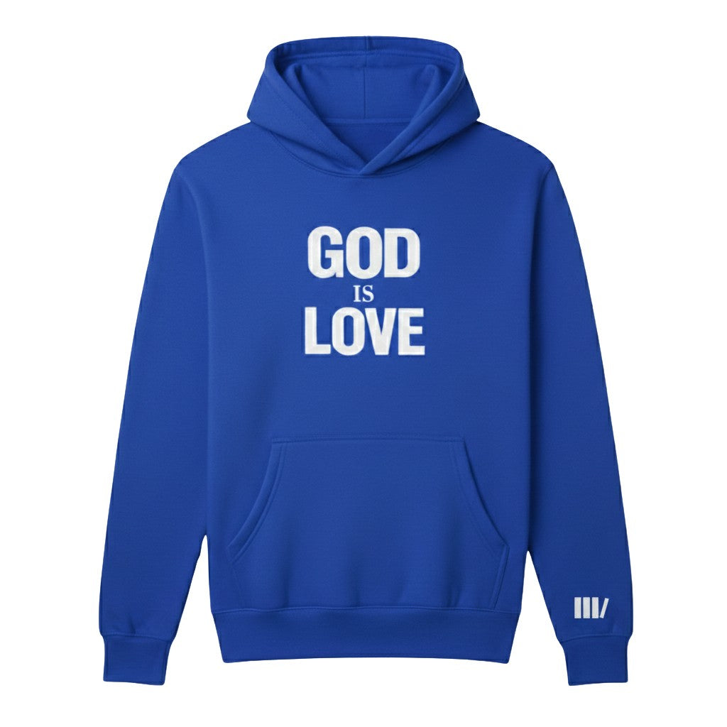 Blue hoodie with 'GOD IS LOVE' text on the front against a white background