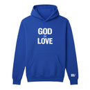 Blue hoodie with 'GOD IS LOVE' text on the front against a white background