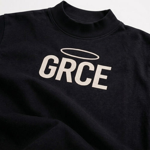 Black sweatshirt with 'GRCE' logo on a white background