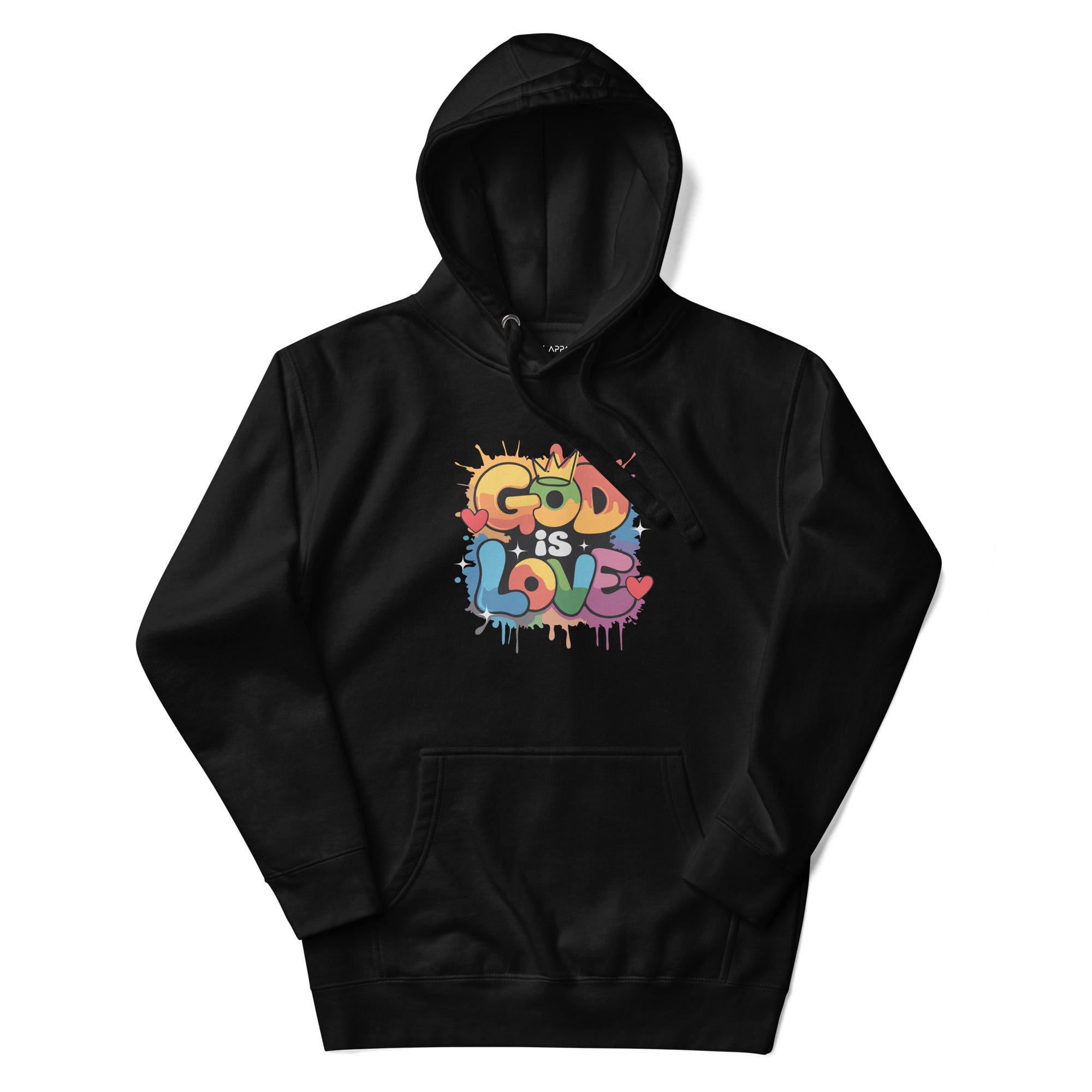 Black "GOD IS LOVE" hoodie, featuring an inspiring faith-based design and cozy fit, perfect for everyday wear and spiritual expression.