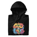 Black hoodie with colorful 'God is Love' graphic design on a white background