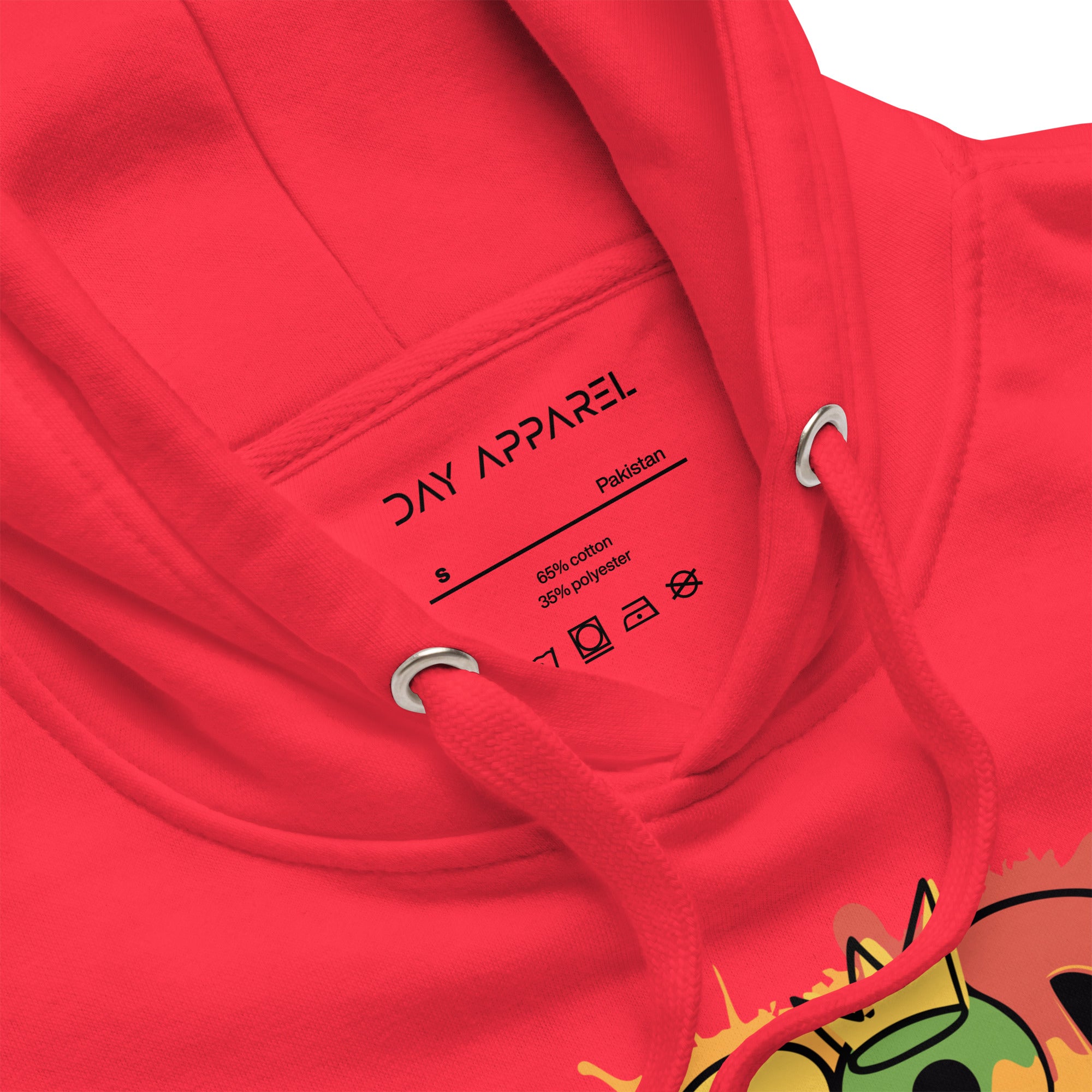 Close-up of a red hoodie with 'DAY APPAREL' label and brand logo.