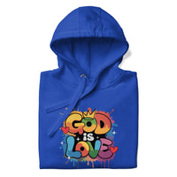 Blue hoodie with 'God is Love' colorful graphic on a white background