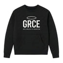 Black sweatshirt with 'GRCE' and 'His Grace is Enough' text on a white background