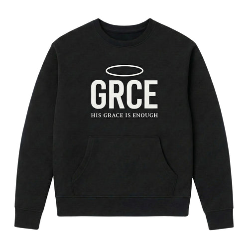 Black sweatshirt with 'GRCE' and 'His Grace is Enough' text on a white background