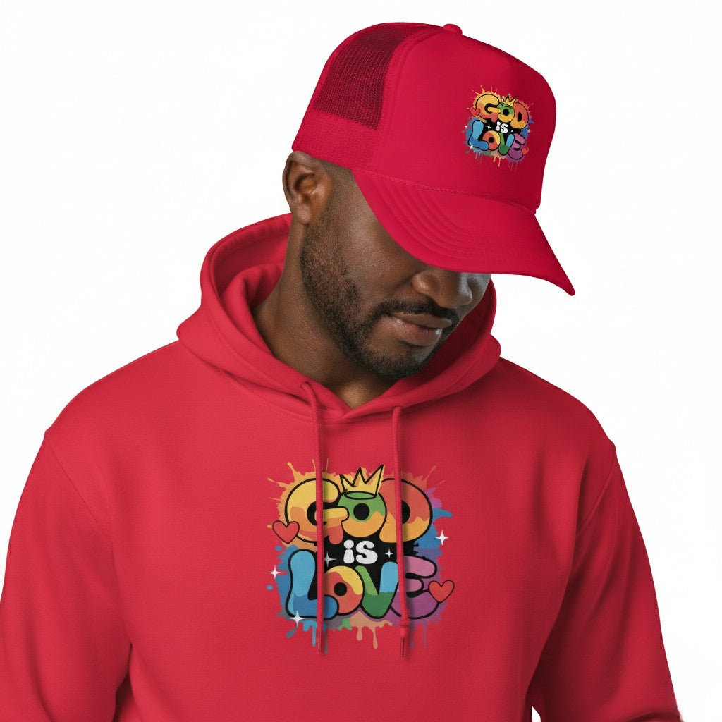 Man wearing a red hoodie and cap with 'God is Love' design on a white background