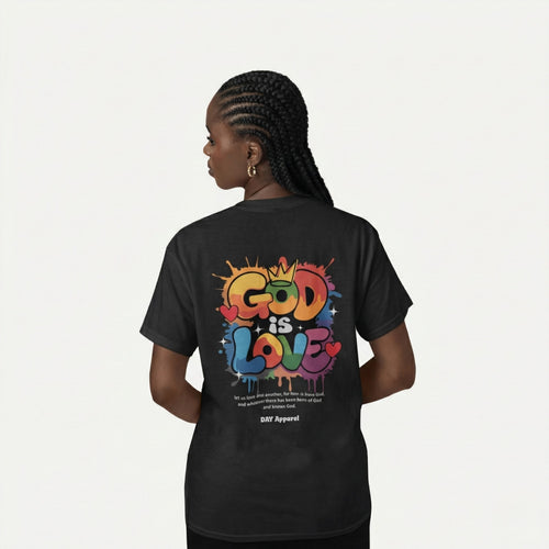 Person wearing a black t-shirt with 'GOD IS LOVE' in colorful letters on the back.