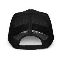 Black "GOD IS LOVE" trucker hat, featuring breathable mesh and a bold faith-based design, perfect for casual wear and spiritual expression.