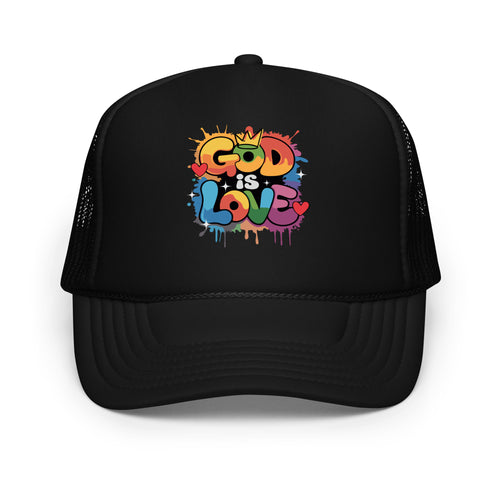 Black "GOD IS LOVE" trucker hat, featuring breathable mesh and a bold faith-based design, perfect for casual wear and spiritual expression.