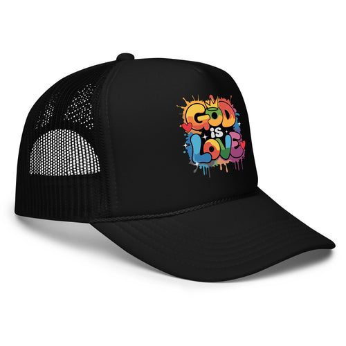 Black "GOD IS LOVE" trucker hat, featuring breathable mesh and a bold faith-based design, perfect for casual wear and spiritual expression.