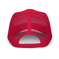 Red "GOD IS LOVE" trucker hat, featuring breathable mesh and a bold faith-based design, perfect for casual wear and spiritual expression.