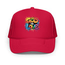 Red "GOD IS LOVE" trucker hat, featuring breathable mesh and a bold faith-based design, perfect for casual wear and spiritual expression.
