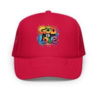 Red "GOD IS LOVE" trucker hat, featuring breathable mesh and a bold faith-based design, perfect for casual wear and spiritual expression.