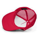 Red "GOD IS LOVE" trucker hat, featuring breathable mesh and a bold faith-based design, perfect for casual wear and spiritual expression.