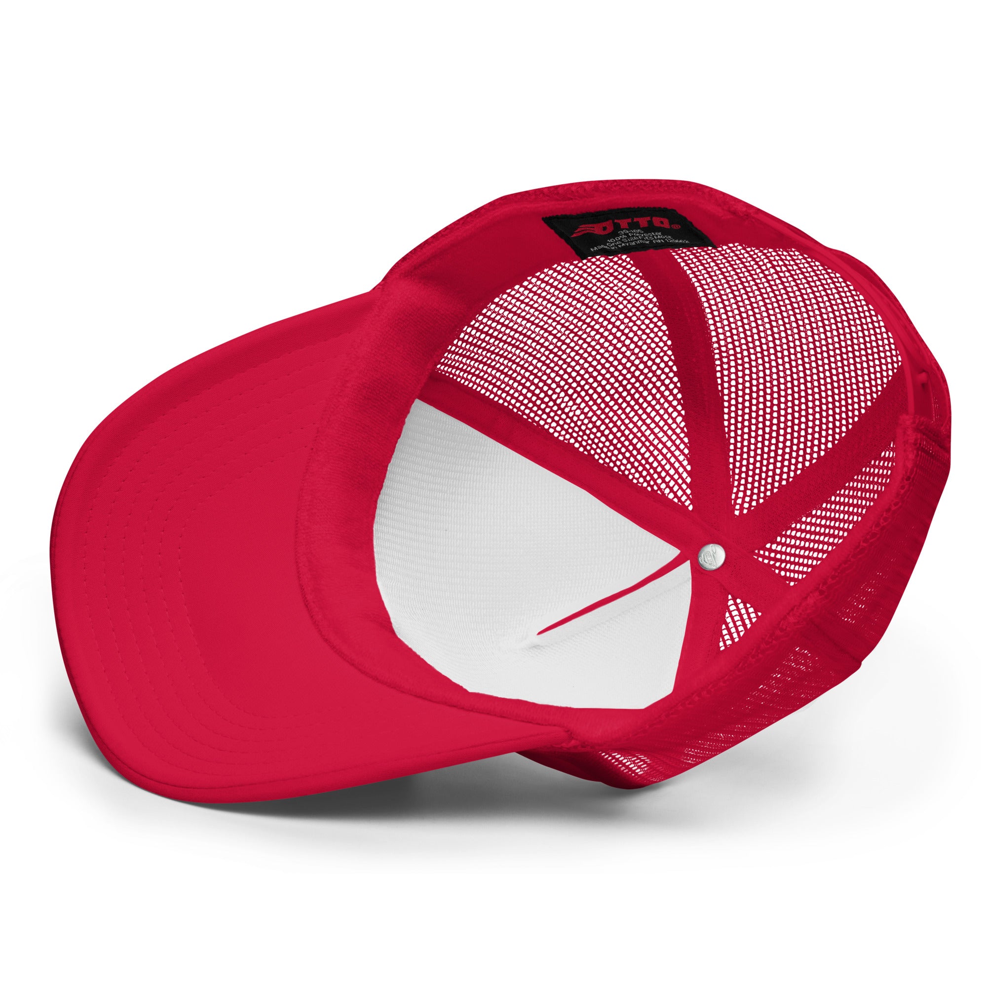 Red "GOD IS LOVE" trucker hat, featuring breathable mesh and a bold faith-based design, perfect for casual wear and spiritual expression.