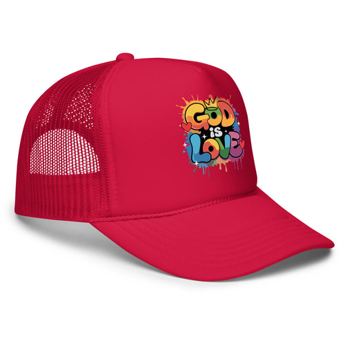 Red "GOD IS LOVE" trucker hat, featuring breathable mesh and a bold faith-based design, perfect for casual wear and spiritual expression.