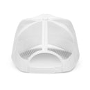 White "GOD IS LOVE" trucker hat, featuring breathable mesh and a bold faith-based design, perfect for casual wear and spiritual expression.