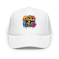 White "GOD IS LOVE" trucker hat, featuring breathable mesh and a bold faith-based design, perfect for casual wear and spiritual expression.