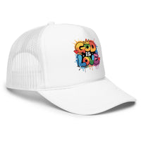 White "GOD IS LOVE" trucker hat, featuring breathable mesh and a bold faith-based design, perfect for casual wear and spiritual expression.