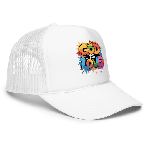 White "GOD IS LOVE" trucker hat, featuring breathable mesh and a bold faith-based design, perfect for casual wear and spiritual expression.