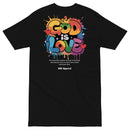 Black "GOD IS LOVE" t-shirt, showcasing a minimalist spiritual message with a sleek look, ideal for casual outfits and everyday inspiration.