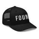 Black cap with 'FOUN' text on a white background